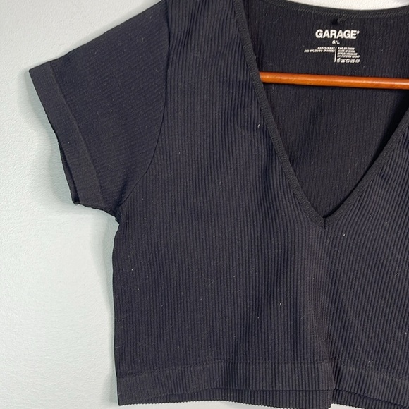 Garage Ribbed V-Neck Crop Top Black Stretch Baby Tee Size L - Picture 4 of 8